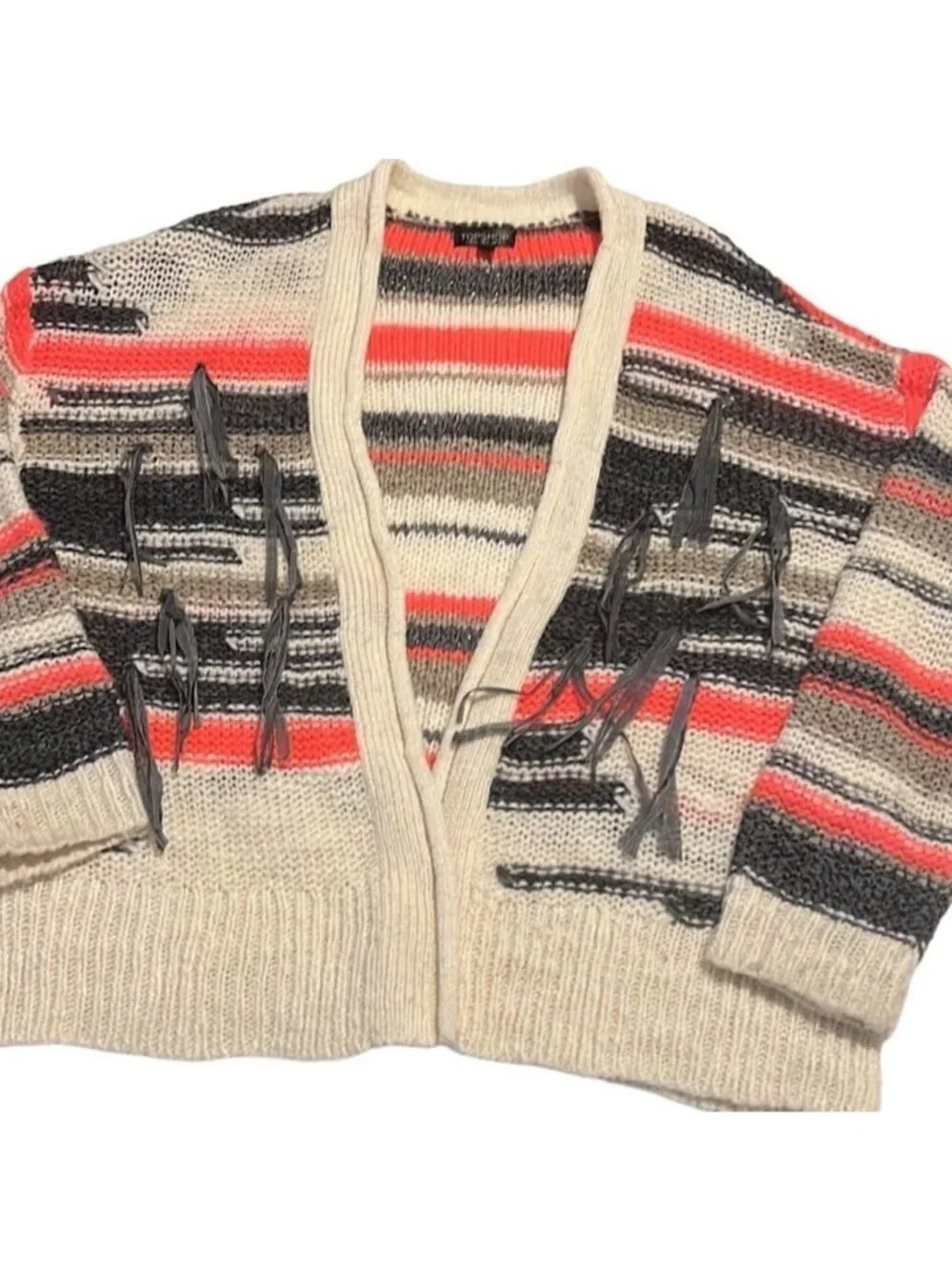 Topshop Tassel Stripe Open Front Chunky Cardigan Sweater Size 8